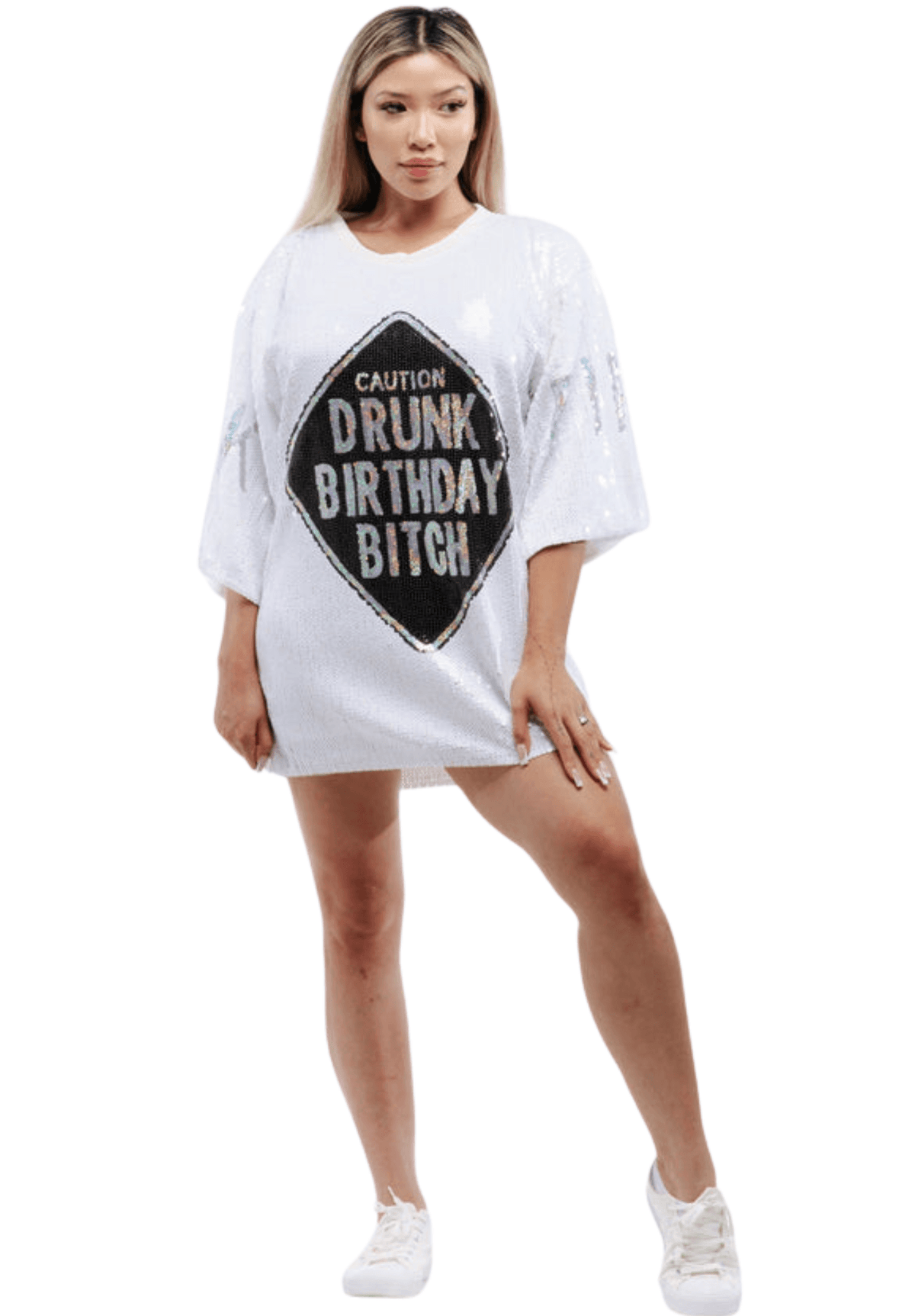 Drunk Birthday Sequin Dress - White - SEQUIN FANS