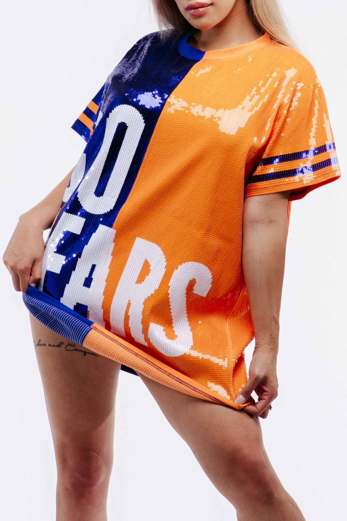 The Chicago Football Sequin Jersey Dress from the side.
