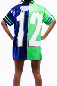 The Seattle Football Sequin Jersey Dress from the back.