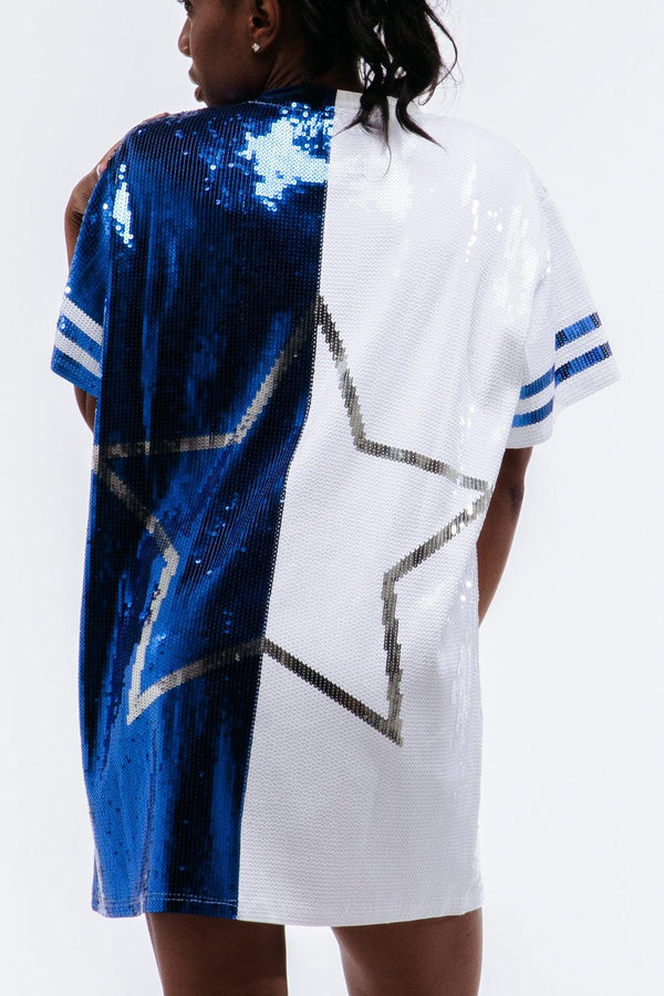 The Dallas Football Sequin Jersey Dress from the back.