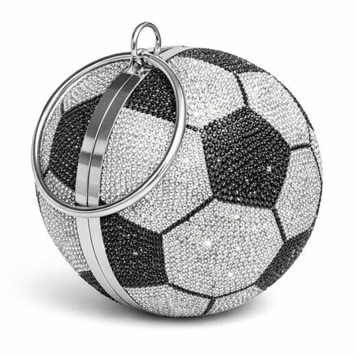Black and silver crystal soccer ball clutch with metal ring handle