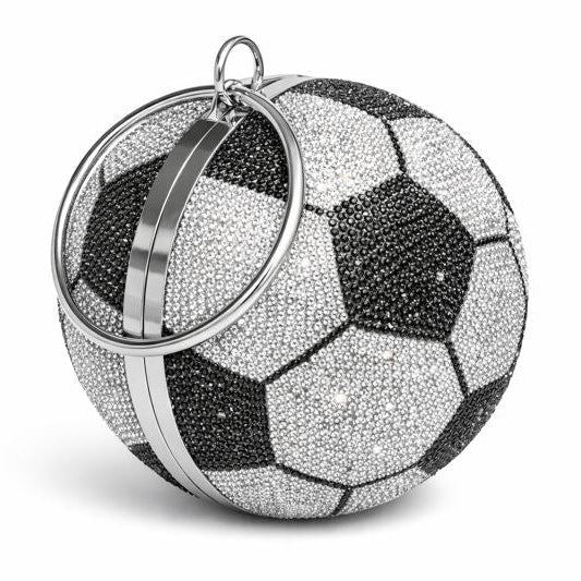 Black and silver crystal soccer ball clutch with metal ring handle