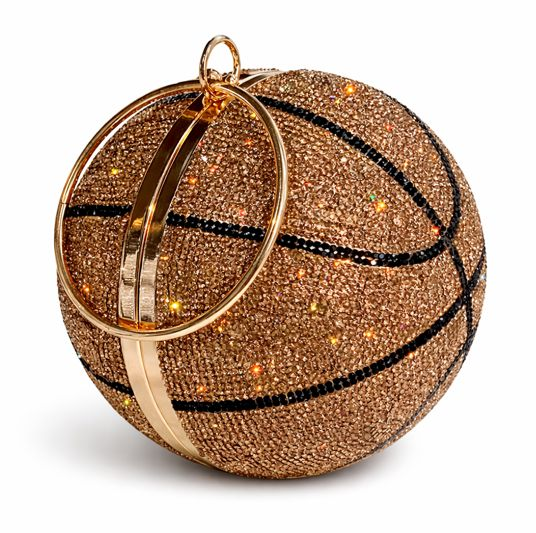 Brown crystal basketball clutch with black lines and gold ring handle