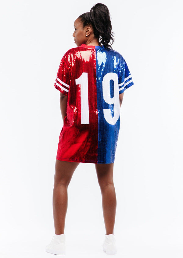 The Buffalo Football Sequin Jersey Dress from the back.