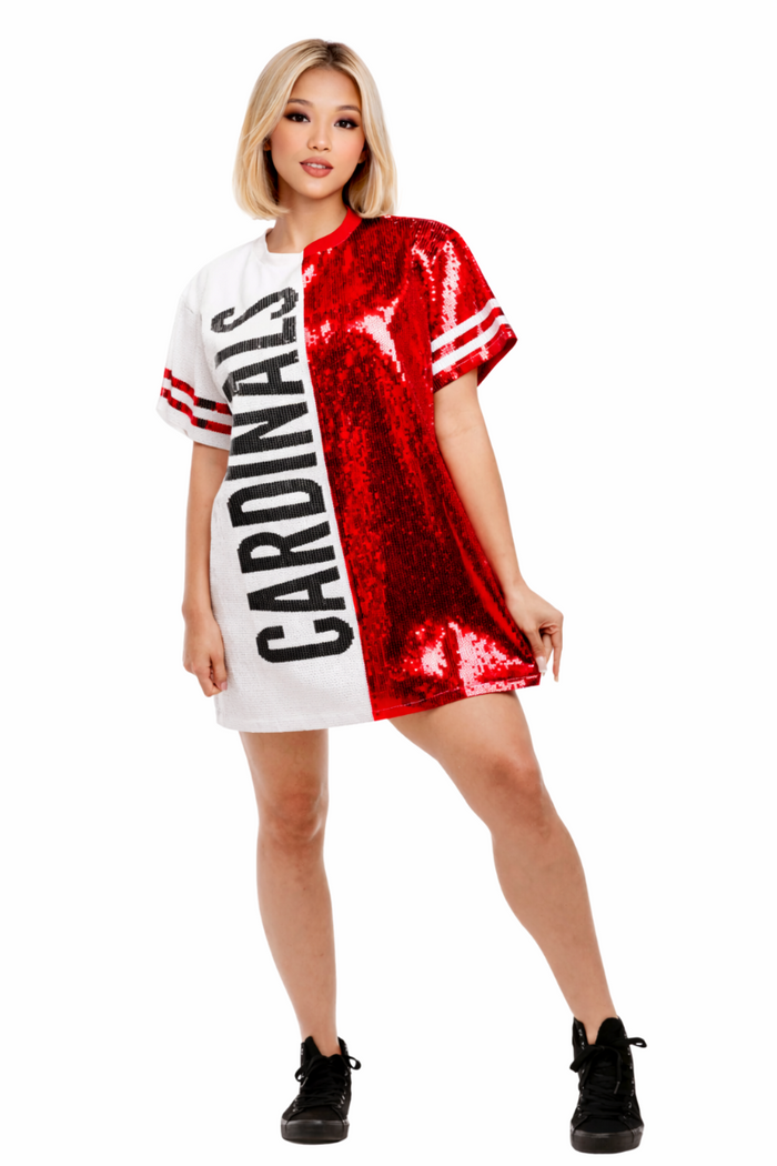 Model wearing a red and white Arizona sequin dress
