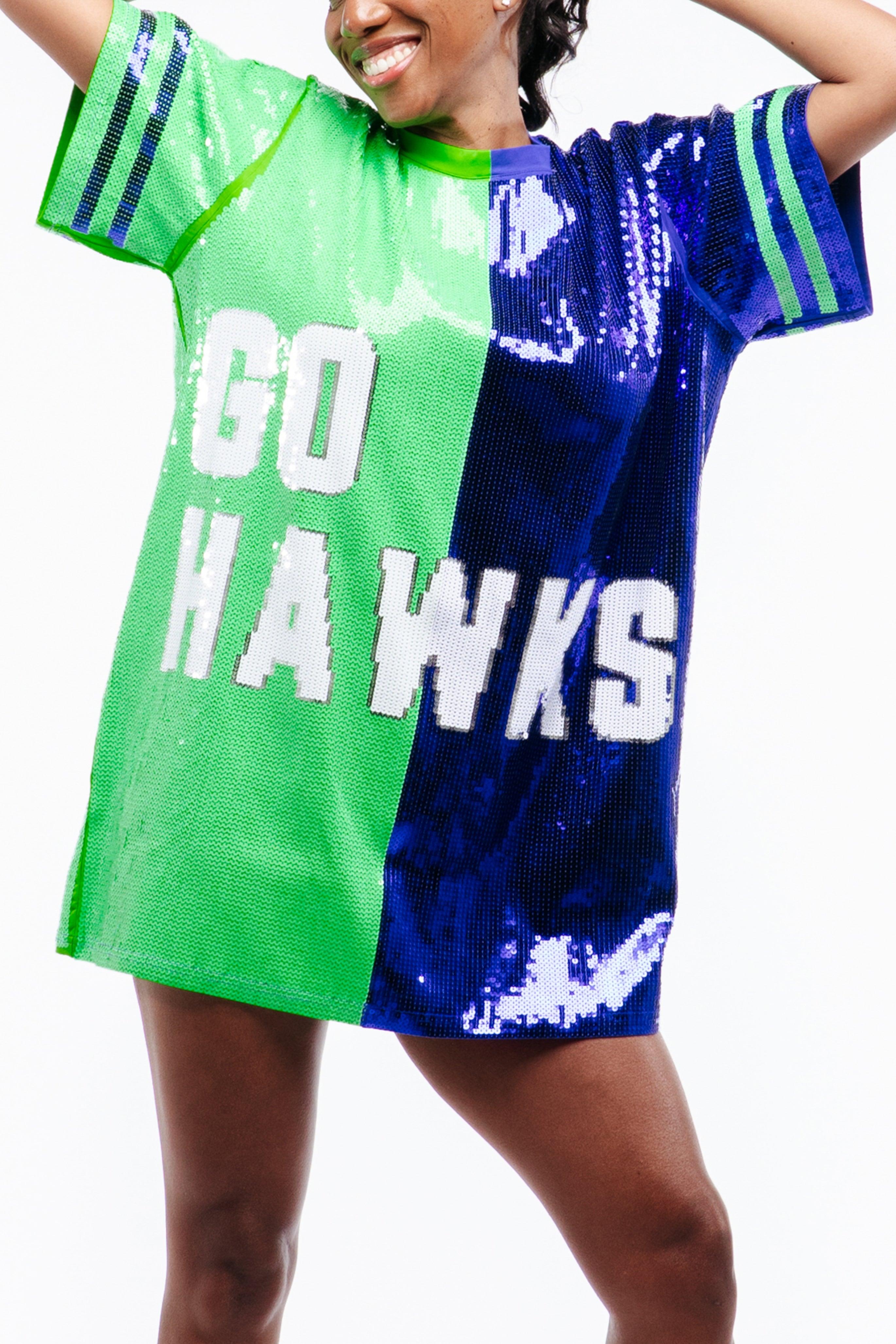 Seattle Go Hawks Football Sequin Jersey Dress Sequin Fans