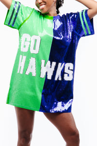 The Seattle Football Sequin Jersey Dress up close.