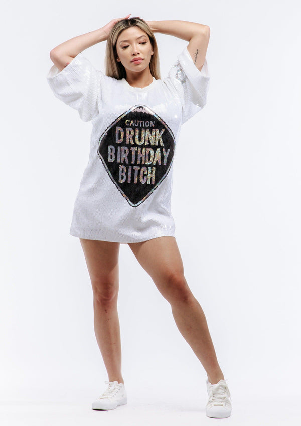 Drunk Birthday Sequin Dress - White - SEQUIN FANS