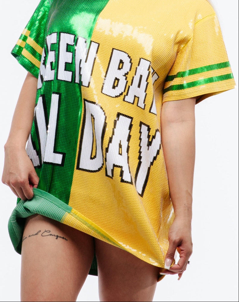 Green Bay All Day Football Sequin Jersey Dress - Sequin Fans Green Bay All Day Football Sequin Jersey Dress - Sequin Fans