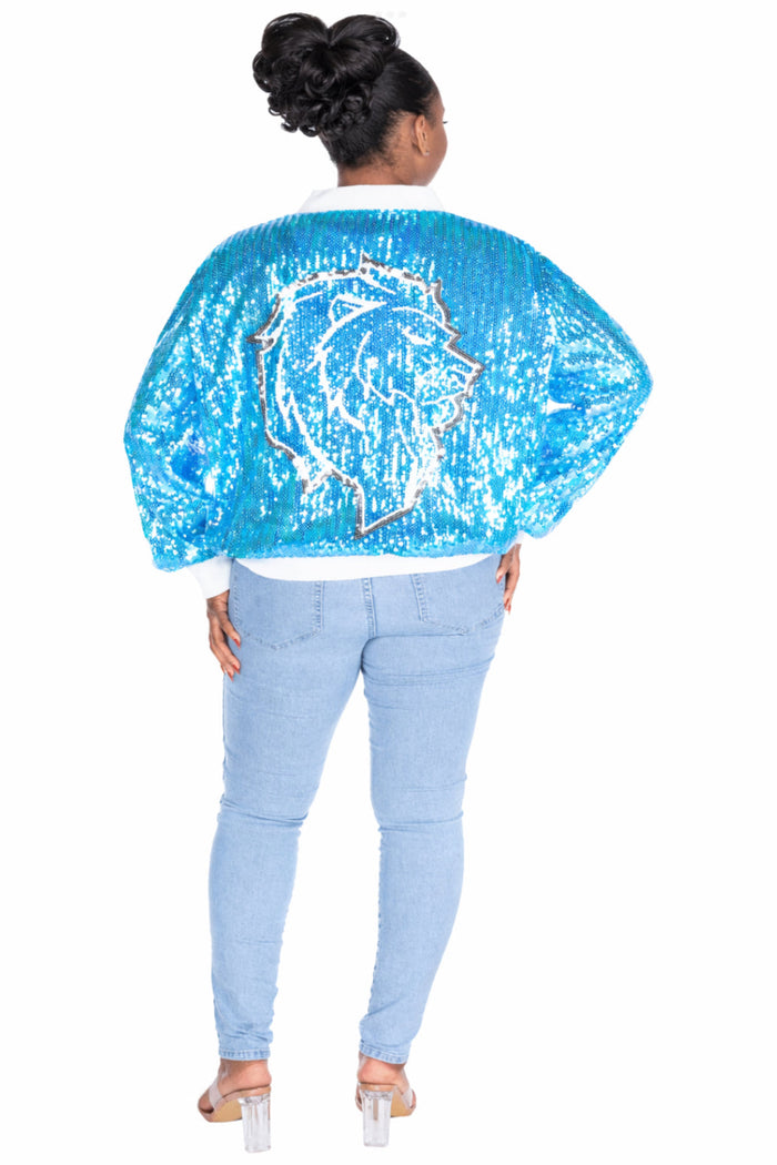 Back of a bright blue Detroit sequin jacket