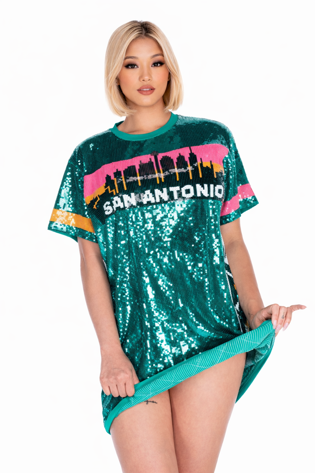 sequin basketball jersey dress TOUCHDOWN SEQUIN JERSEY DRESS