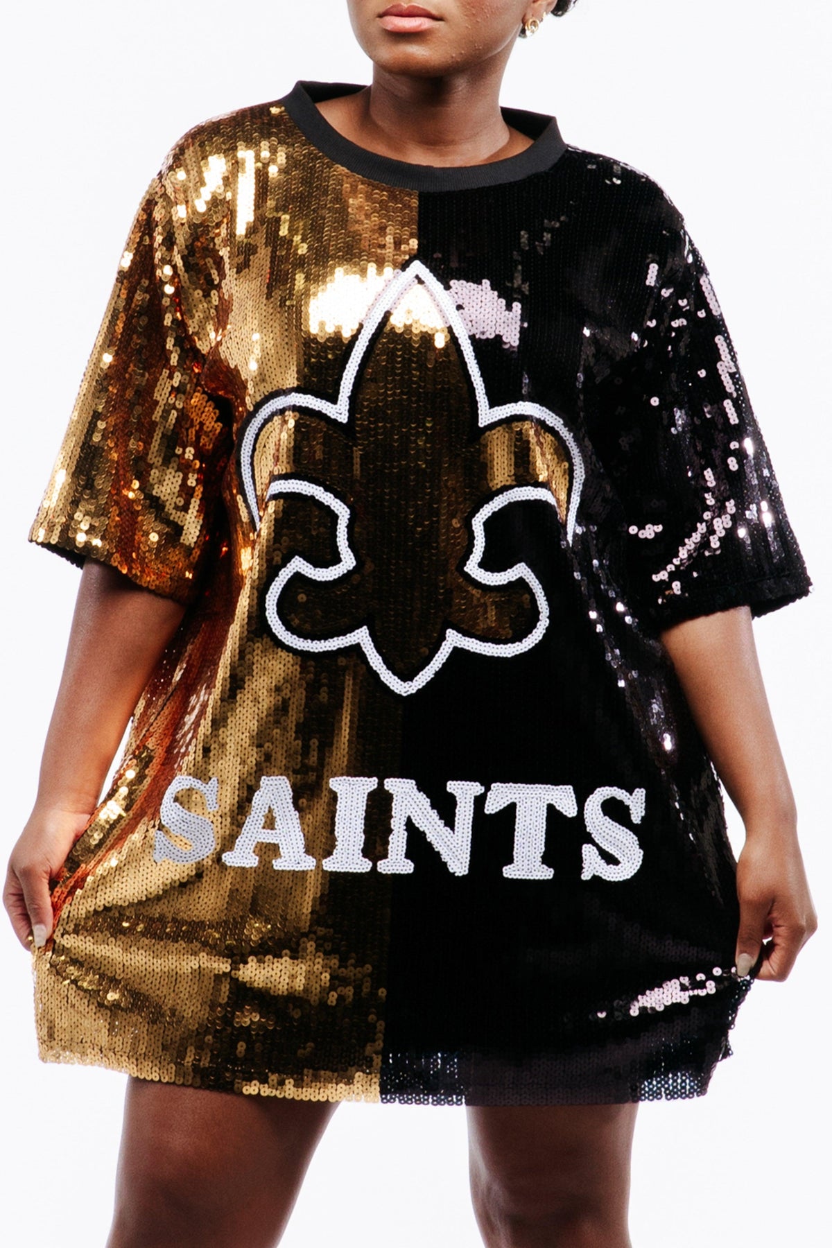 The New Orleans Football Sequin Jersey Dress up close.