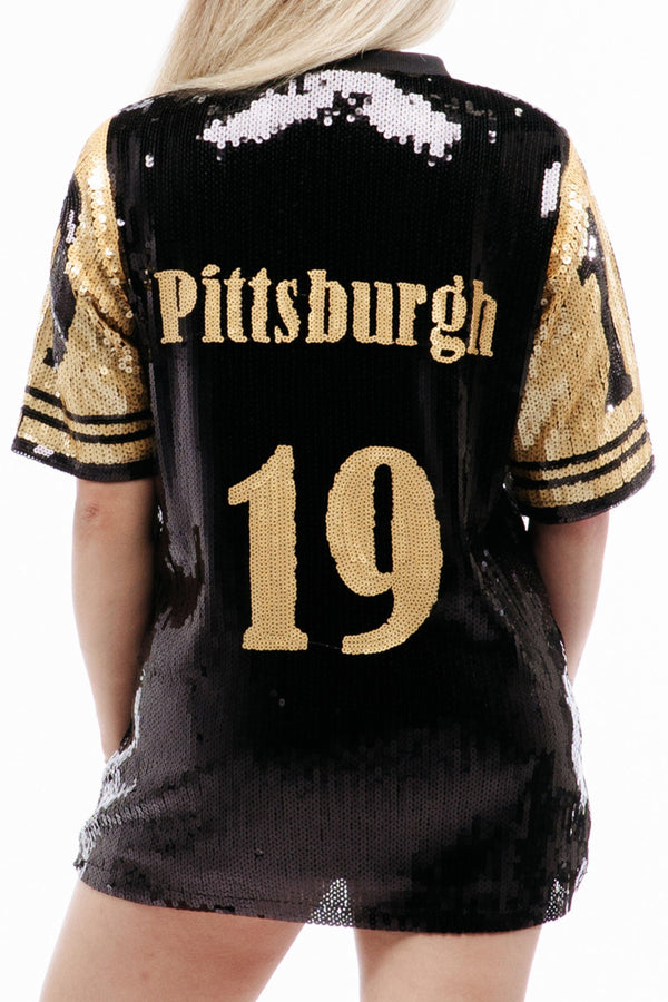 The Pittsburgh Football Sequin Jersey Dress from the back.
