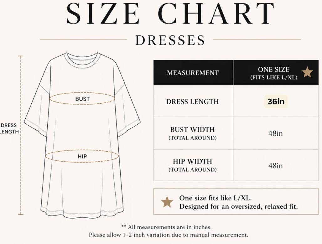 Sequin T shirt dress size chart with garment diagram and one size measurements