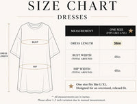 Sequin T shirt dress size chart with garment diagram and one size measurements
