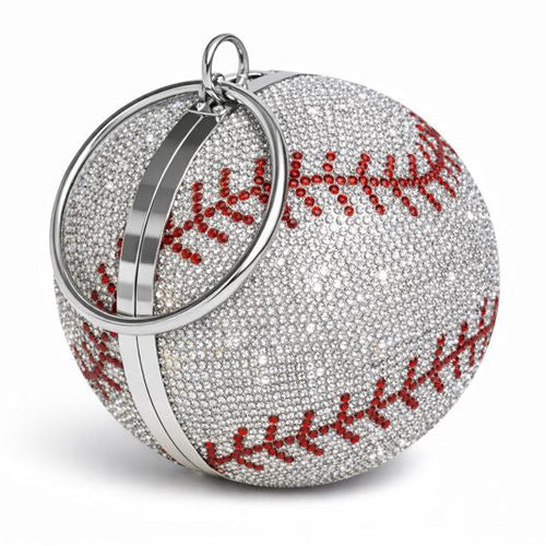 Silver crystal baseball clutch with red stitching and metal ring handle