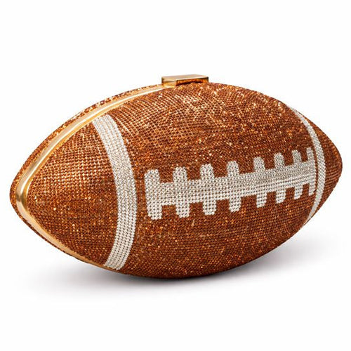 Brown crystal football clutch with white laces and gold trim